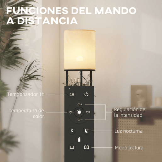 HOMCOM Candeeiro de Pé com Prateleiras Candeeiro com 3 Temperaturas de Cor Controlo Remoto Casquilho E27 para Sala de Estar Quarto Escritório Ø29x158 cm Preto