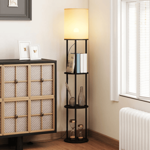 HOMCOM Candeeiro de Pé com Prateleiras Candeeiro com 3 Temperaturas de Cor Controlo Remoto Casquilho E27 para Sala de Estar Quarto Escritório Ø29x158 cm Preto