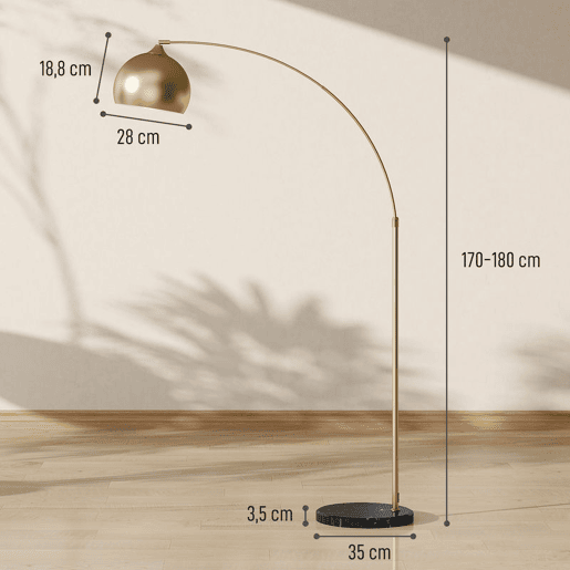 HOMCOM Candeeiro de Pé em Forma de Arco com Altura e Comprimento Ajustáveis Candeeiro de Leitura para Lâmpadas E27 Potência Máxima 40W com Interruptor de Pé 110-115x30x170-180 cm Dourado e Preto
