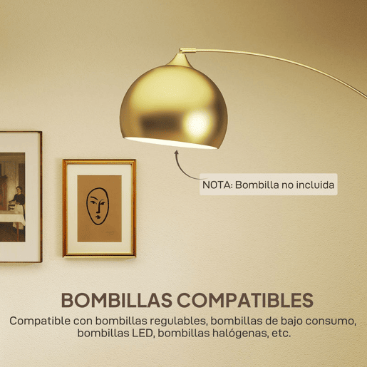 HOMCOM Candeeiro de Pé em Forma de Arco com Altura e Comprimento Ajustáveis Candeeiro de Leitura para Lâmpadas E27 Potência Máxima 40W com Interruptor de Pé 110-115x30x170-180 cm Dourado e Preto