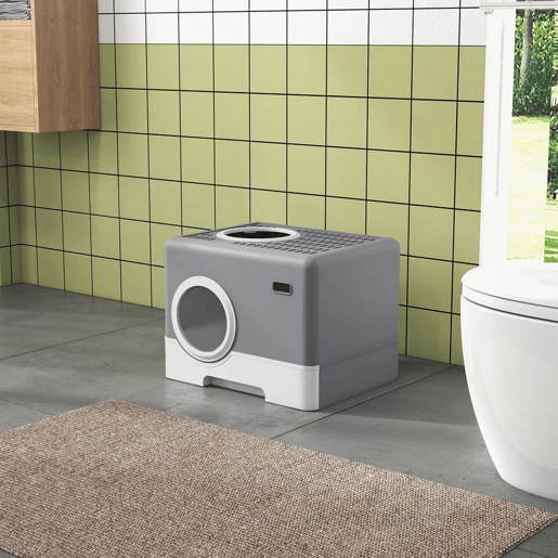 PawHut Caixa de Areia para Gatos Sanita para Animais de Estimação com Pá Bandeja Removível 2 Portas Entrada Frontal e Saída Superior 52x41x38,5 cm Cinzento