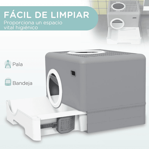 PawHut Caixa de Areia para Gatos Sanita para Animais de Estimação com Pá Bandeja Removível 2 Portas Entrada Frontal e Saída Superior 52x41x38,5 cm Cinzento