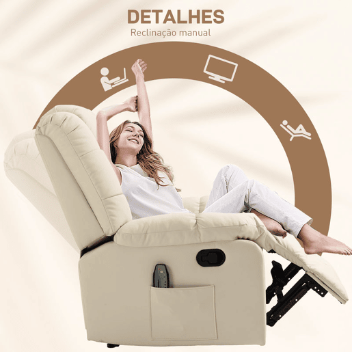 HOMCOM Poltrona de Massagem Poltrona Relax Reclinável com 8 Pontos de Massagem Controlo Remoto Estofada em PU Apoio para Pés Bolso Lateral Poltrona para Sala de Estar Quarto 94x99x99 cm Creme HOMCOM Poltrona de Massagem Poltrona Relax Reclinável com 8 Pontos de Massagem Controlo Remoto Estofada em PU Apoio para Pés Bolso Lateral Poltrona para Sala de Estar Quarto 94x99x99 cm Creme