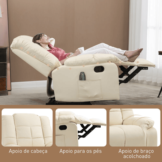 HOMCOM Poltrona de Massagem Poltrona Relax Reclinável com 8 Pontos de Massagem Controlo Remoto Estofada em PU Apoio para Pés Bolso Lateral Poltrona para Sala de Estar Quarto 94x99x99 cm Creme HOMCOM Poltrona de Massagem Poltrona Relax Reclinável com 8 Pontos de Massagem Controlo Remoto Estofada em PU Apoio para Pés Bolso Lateral Poltrona para Sala de Estar Quarto 94x99x99 cm Creme