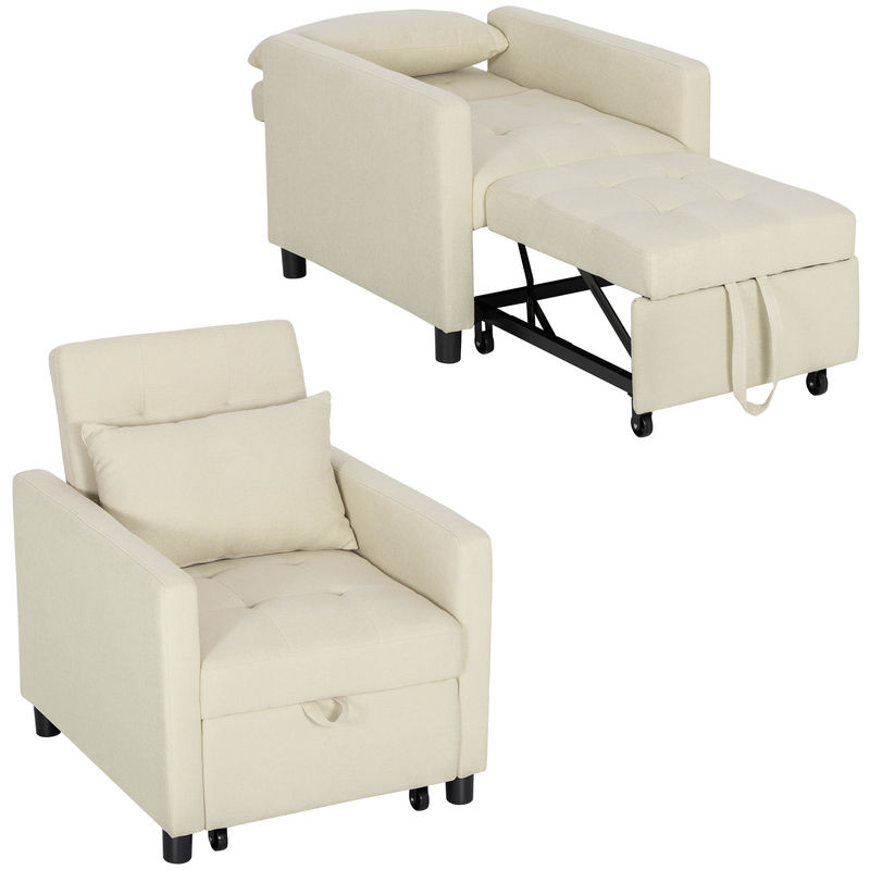 Homcom sofá cama de 1 plaza 3 en 1, sillón cama tapizado en lino, con respaldo ajustable de 3 niveles, almohada acolchada, para oficina, dormitorio, salón, 69x82,5x84 cm, beige