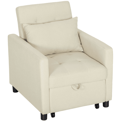 HOMCOM Sofá Cama Individual Poltrona com 4 Rodas Encosto Reclinável Almofada Extra e Assento Acolchoado Carga 100 kg para Escritório Dormitório Sala de Estar 69x82,5x84 cm Bege