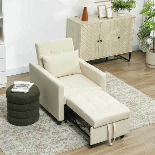 HOMCOM Sofá Cama Individual Poltrona com 4 Rodas Encosto Reclinável Almofada Extra e Assento Acolchoado Carga 100 kg para Escritório Dormitório Sala de Estar 69x82,5x84 cm Bege