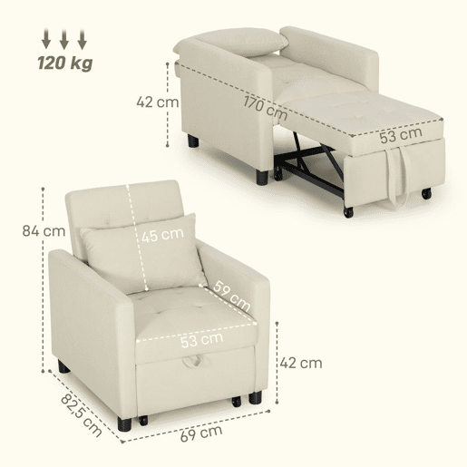 HOMCOM Sofá Cama Individual Poltrona com 4 Rodas Encosto Reclinável Almofada Extra e Assento Acolchoado Carga 100 kg para Escritório Dormitório Sala de Estar 69x82,5x84 cm Bege