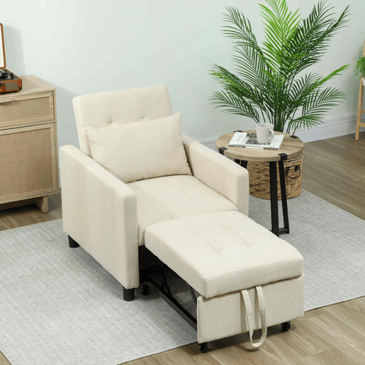 HOMCOM Sofá Cama Individual Poltrona com 4 Rodas Encosto Reclinável Almofada Extra e Assento Acolchoado Carga 100 kg para Escritório Dormitório Sala de Estar 69x82,5x84 cm Bege
