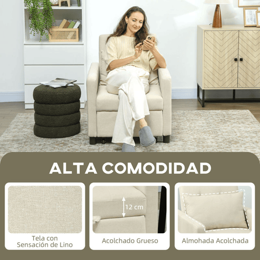 HOMCOM Sofá Cama Individual Poltrona com 4 Rodas Encosto Reclinável Almofada Extra e Assento Acolchoado Carga 100 kg para Escritório Dormitório Sala de Estar 69x82,5x84 cm Bege