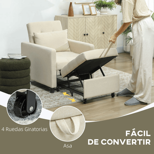 HOMCOM Sofá Cama Individual Poltrona com 4 Rodas Encosto Reclinável Almofada Extra e Assento Acolchoado Carga 100 kg para Escritório Dormitório Sala de Estar 69x82,5x84 cm Bege