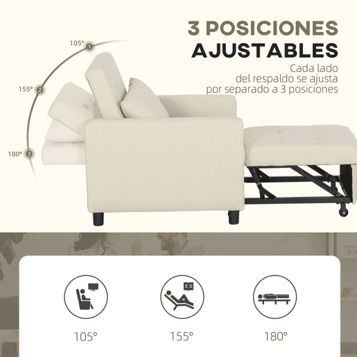 HOMCOM Sofá Cama Individual Poltrona com 4 Rodas Encosto Reclinável Almofada Extra e Assento Acolchoado Carga 100 kg para Escritório Dormitório Sala de Estar 69x82,5x84 cm Bege