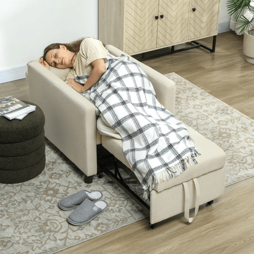HOMCOM Sofá Cama Individual Poltrona com 4 Rodas Encosto Reclinável Almofada Extra e Assento Acolchoado Carga 100 kg para Escritório Dormitório Sala de Estar 69x82,5x84 cm Bege