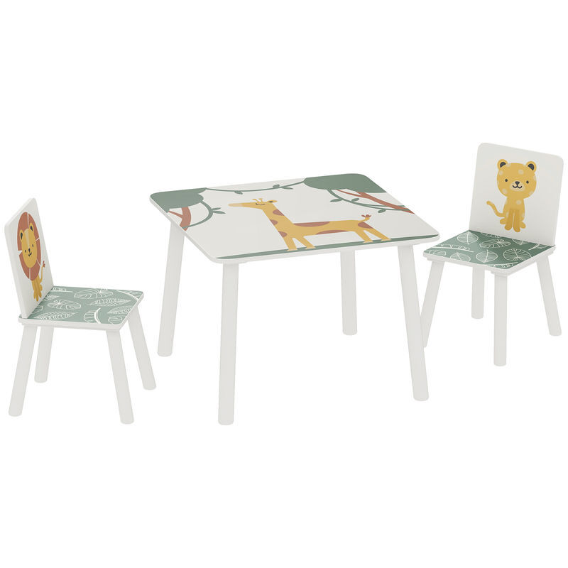 Aiyaplay mesa y sillas infantiles de 3 piezas, mesa infantil con 2 sillas de madera de pino, juego de muebles con dibujos de leones para niños de +3 años, para dormitorio, sala de juegos, verde