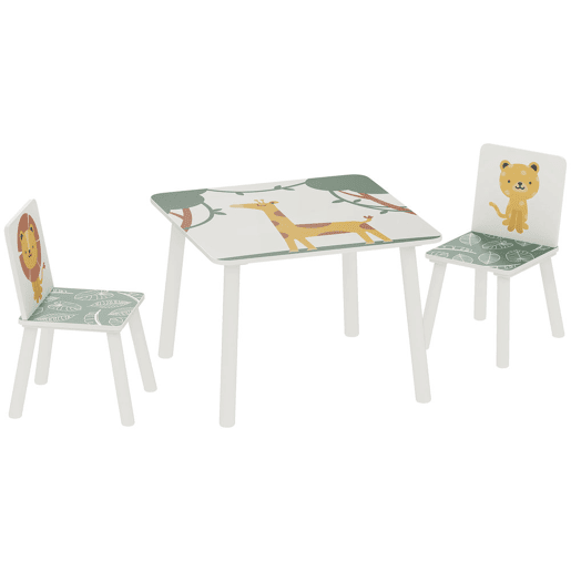 AIYAPLAY Mesa e Cadeiras para Crianças de 3 Peças Mesa Infantil com 2 Cadeiras em Madeira Conjunto de Móveis com Desenhos de Leões para Crianças Acima de 3 Anos para Quarto Sala de Jogos Verde