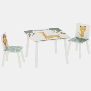 AIYAPLAY Mesa e Cadeiras para Crianças de 3 Peças Mesa Infantil com 2 Cadeiras em Madeira Conjunto de Móveis com Desenhos de Leões para Crianças Acima de 3 Anos para Quarto Sala de Jogos Verde