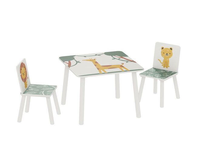 Aiyaplay mesa y sillas infantiles de 3 piezas, mesa infantil con 2 sillas de madera de pino, juego de muebles con dibujos de leones para niños de +3