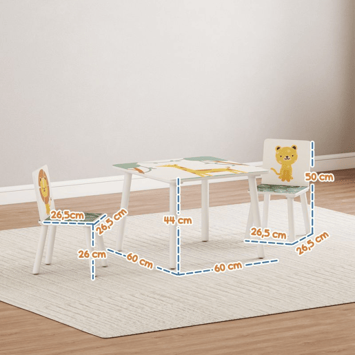 AIYAPLAY Mesa e Cadeiras para Crianças de 3 Peças Mesa Infantil com 2 Cadeiras em Madeira Conjunto de Móveis com Desenhos de Leões para Crianças Acima de 3 Anos para Quarto Sala de Jogos Verde