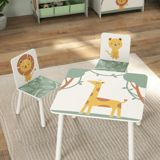 AIYAPLAY Mesa e Cadeiras para Crianças de 3 Peças Mesa Infantil com 2 Cadeiras em Madeira Conjunto de Móveis com Desenhos de Leões para Crianças Acima de 3 Anos para Quarto Sala de Jogos Verde