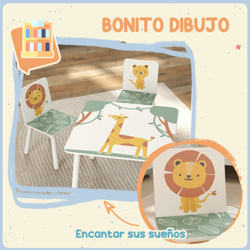 AIYAPLAY Mesa e Cadeiras para Crianças de 3 Peças Mesa Infantil com 2 Cadeiras em Madeira Conjunto de Móveis com Desenhos de Leões para Crianças Acima de 3 Anos para Quarto Sala de Jogos Verde
