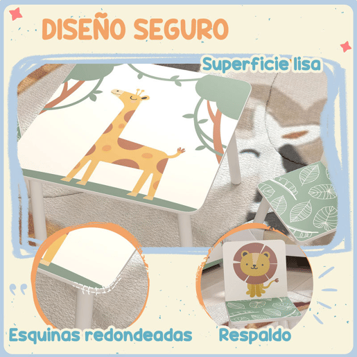 AIYAPLAY Mesa e Cadeiras para Crianças de 3 Peças Mesa Infantil com 2 Cadeiras em Madeira Conjunto de Móveis com Desenhos de Leões para Crianças Acima de 3 Anos para Quarto Sala de Jogos Verde
