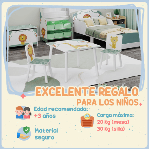 AIYAPLAY Mesa e Cadeiras para Crianças de 3 Peças Mesa Infantil com 2 Cadeiras em Madeira Conjunto de Móveis com Desenhos de Leões para Crianças Acima de 3 Anos para Quarto Sala de Jogos Verde