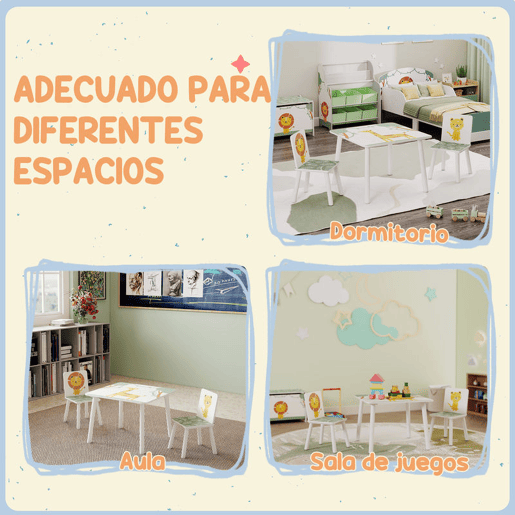 AIYAPLAY Mesa e Cadeiras para Crianças de 3 Peças Mesa Infantil com 2 Cadeiras em Madeira Conjunto de Móveis com Desenhos de Leões para Crianças Acima de 3 Anos para Quarto Sala de Jogos Verde
