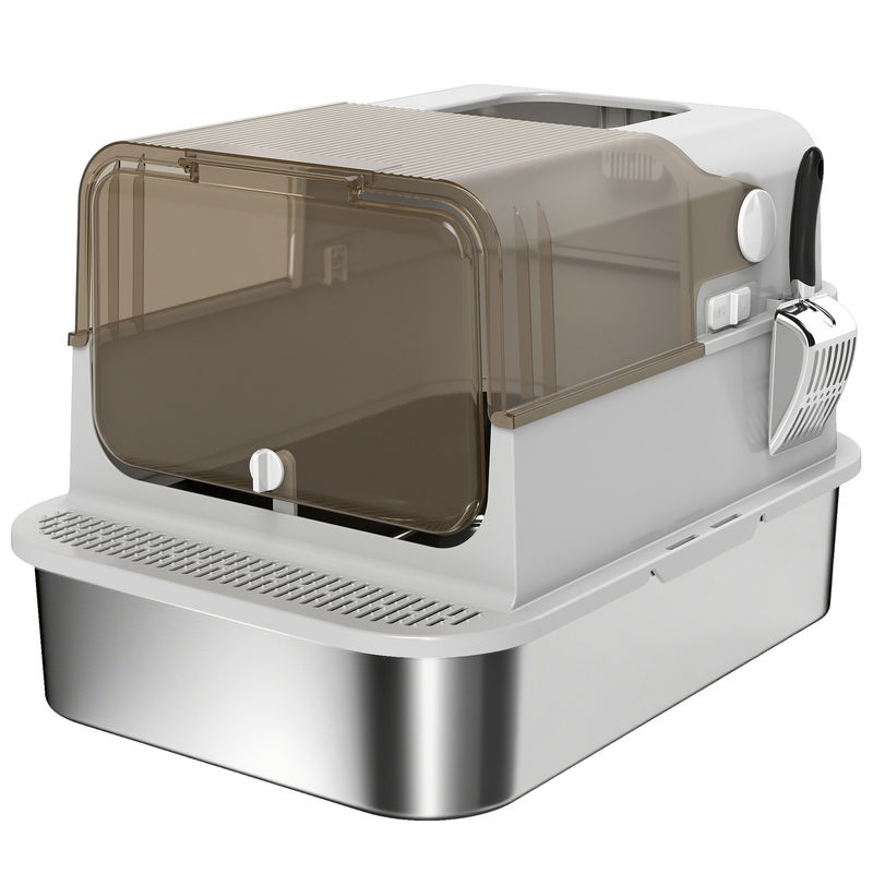 Pawhut arenero para gatos de acero inoxidable xxl, caja de arena para gatos grandes, arenero con tapa abatible, laterales altos, entrada superior, pala, sin olores, fácil de limpiar, antifugas, gris