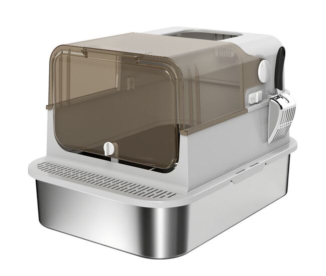 Pawhut arenero para gatos de acero inoxidable xxl, caja de arena para gatos grandes, arenero con tapa abatible, laterales altos, entrada superior, pala, sin olores, fácil de limpiar, antifugas, gris
