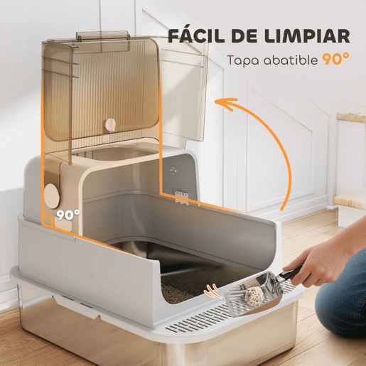 PawHut Caixa de Areia para Gatos em Aço Inoxidável XXL Caixa de Areia para Gatos Grandes com Tampa Basculante Laterais Altas Entrada Superior Pá e Anti-Fugas 70x50x46,5 cm Cinzento