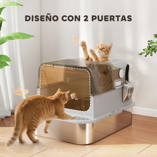 PawHut Caixa de Areia para Gatos em Aço Inoxidável XXL Caixa de Areia para Gatos Grandes com Tampa Basculante Laterais Altas Entrada Superior Pá e Anti-Fugas 70x50x46,5 cm Cinzento