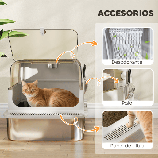 PawHut Caixa de Areia para Gatos em Aço Inoxidável XXL Caixa de Areia para Gatos Grandes com Tampa Basculante Laterais Altas Entrada Superior Pá e Anti-Fugas 70x50x46,5 cm Cinzento