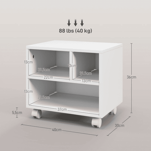 HOMCOM Móvel para Impressora com Rodas Suporte para Impressora com Compartimentos Abertos para Escritório Estúdio 40x30x36 cm Branco