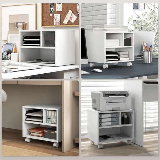 HOMCOM Móvel para Impressora com Rodas Suporte para Impressora com Compartimentos Abertos para Escritório Estúdio 40x30x36 cm Branco