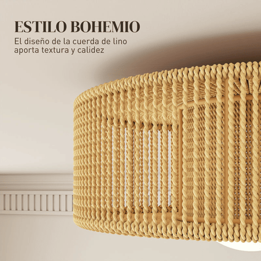 HOMCOM Candeeiro de Teto com Lâmpada LED G9 20W 3000 K Candeeiro de Teto Boémio com Ecrã de Corda de Linho para Quarto Sala Cozinha e Sala de Jantar Castanho Claro