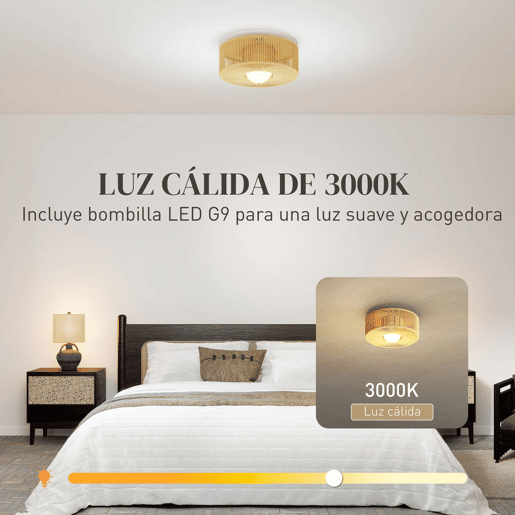 HOMCOM Candeeiro de Teto com Lâmpada LED G9 20W 3000 K Candeeiro de Teto Boémio com Ecrã de Corda de Linho para Quarto Sala Cozinha e Sala de Jantar Castanho Claro