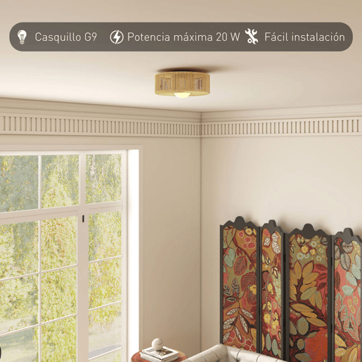 HOMCOM Candeeiro de Teto com Lâmpada LED G9 20W 3000 K Candeeiro de Teto Boémio com Ecrã de Corda de Linho para Quarto Sala Cozinha e Sala de Jantar Castanho Claro