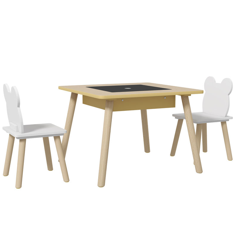 Aiyaplay juego de mesa y 2 sillas infantiles de madera, mesa infantil con sillas, con pizarra, respaldo en forma de osito y compartimentos, para niños, para guardería, dormitorio, natural y blanco