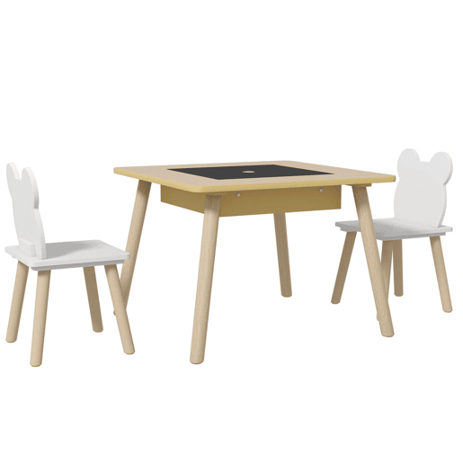 AIYAPLAY Conjunto de Mesa e 2 Cadeiras de Madeira Mesa Infantil com Cadeiras com Encosto em Forma de Ursinho e Compartimentos Ocultos para Crianças para Escola Infantil Quarto Madeira e Branco