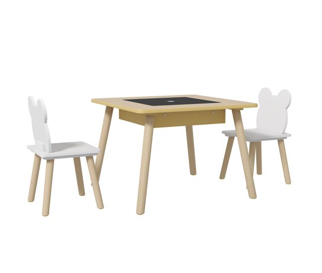Aiyaplay juego de mesa y 2 sillas infantiles de madera, mesa infantil con sillas, con pizarra, respaldo en forma de osito y compartimentos, para niños