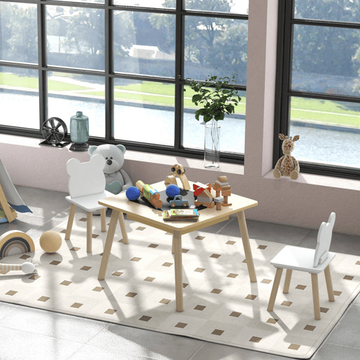 AIYAPLAY Conjunto de Mesa e 2 Cadeiras de Madeira Mesa Infantil com Cadeiras com Encosto em Forma de Ursinho e Compartimentos Ocultos para Crianças para Escola Infantil Quarto Madeira e Branco
