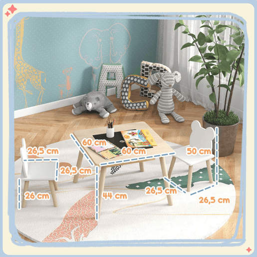 AIYAPLAY Conjunto de Mesa e 2 Cadeiras de Madeira Mesa Infantil com Cadeiras com Encosto em Forma de Ursinho e Compartimentos Ocultos para Crianças para Escola Infantil Quarto Madeira e Branco