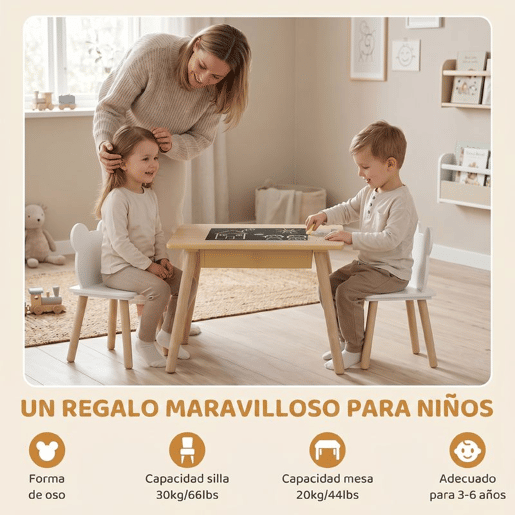 AIYAPLAY Conjunto de Mesa e 2 Cadeiras de Madeira Mesa Infantil com Cadeiras com Encosto em Forma de Ursinho e Compartimentos Ocultos para Crianças para Escola Infantil Quarto Madeira e Branco
