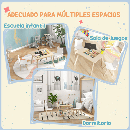 AIYAPLAY Conjunto de Mesa e 2 Cadeiras de Madeira Mesa Infantil com Cadeiras com Encosto em Forma de Ursinho e Compartimentos Ocultos para Crianças para Escola Infantil Quarto Madeira e Branco