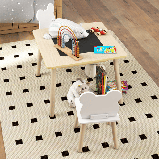 AIYAPLAY Conjunto de Mesa e 2 Cadeiras de Madeira Mesa Infantil com Cadeiras com Encosto em Forma de Ursinho e Compartimentos Ocultos para Crianças para Escola Infantil Quarto Madeira e Branco