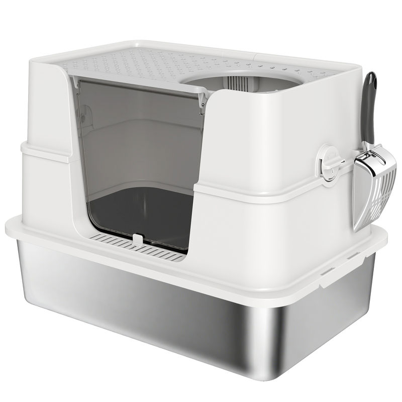 Pawhut arenero para gatos de acero inoxidable xl caja de arena para gatos grandes arenero con tapa abatible laterales altos entrada superior pala sin