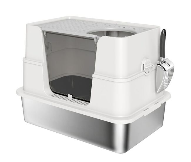 Pawhut arenero para gatos de acero inoxidable xl caja de arena para gatos grandes arenero con tapa abatible laterales altos entrada superior pala sin