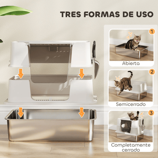PawHut Caixa de Areia para Gatos de Aço Inoxidável XL Caixa de Areia para Gatos Grandes com Tampa Abatível Entradas Altas, Pá sem Odores Fácil de Limpar Antifugas Cinza Claro