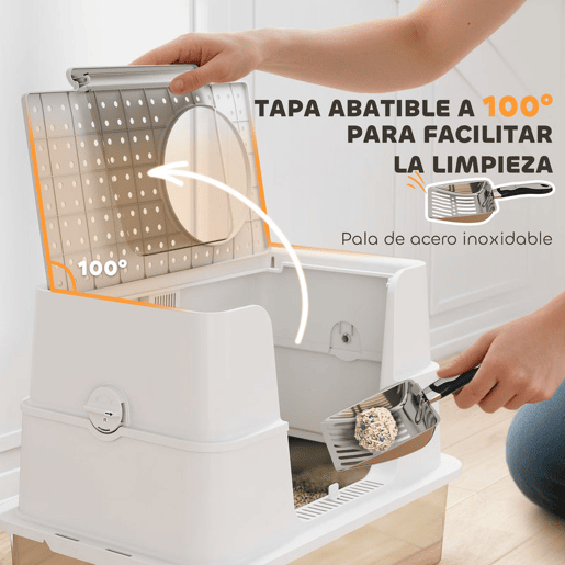 PawHut Caixa de Areia para Gatos de Aço Inoxidável XL Caixa de Areia para Gatos Grandes com Tampa Abatível Entradas Altas, Pá sem Odores Fácil de Limpar Antifugas Cinza Claro