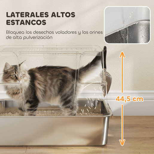 PawHut Caixa de Areia para Gatos de Aço Inoxidável XL Caixa de Areia para Gatos Grandes com Tampa Abatível Entradas Altas, Pá sem Odores Fácil de Limpar Antifugas Cinza Claro